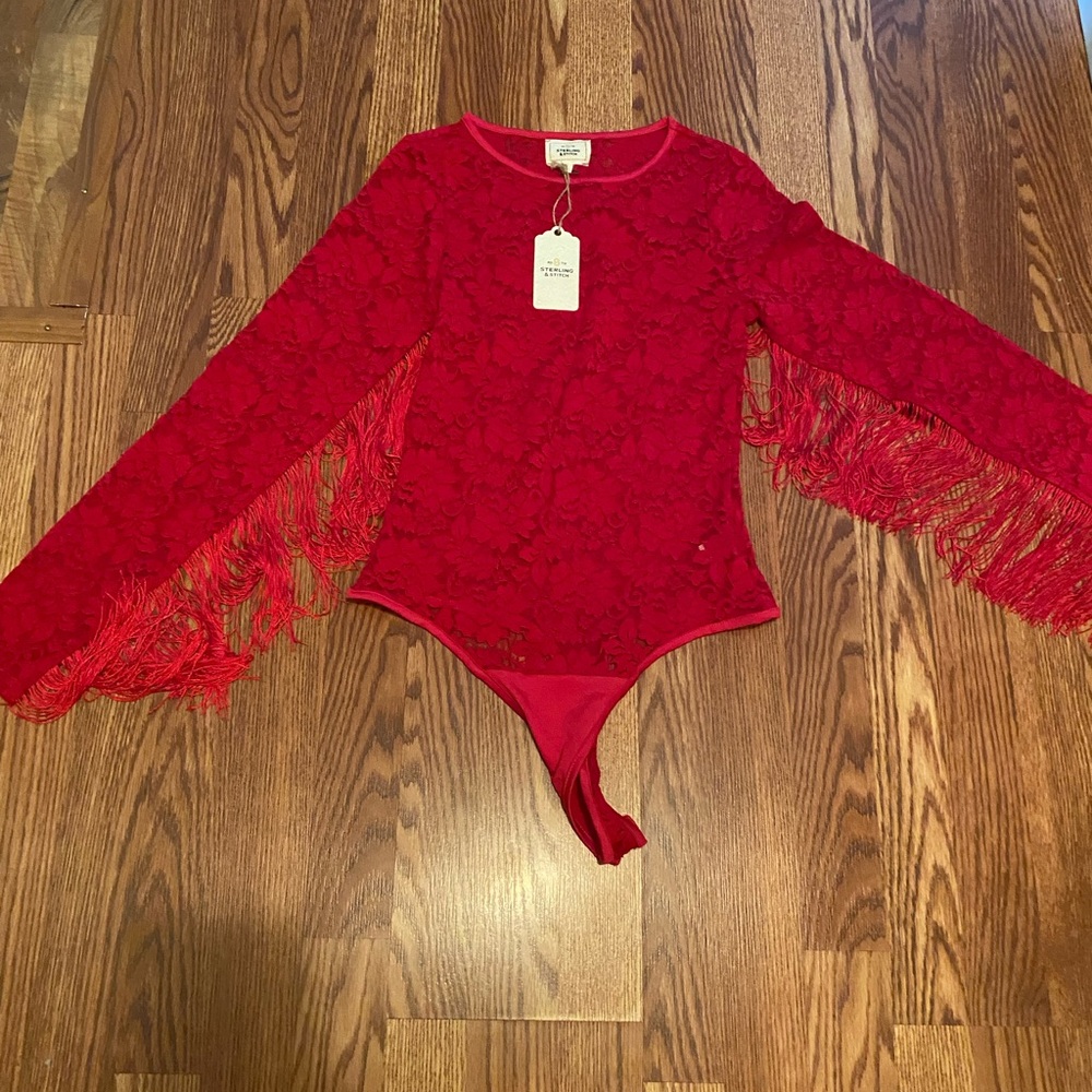 NWT Raspberry red color fringe bodysuit from Buckle